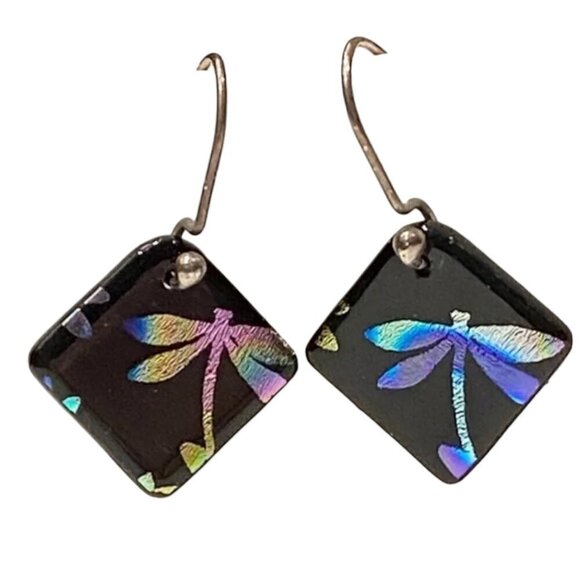 Dragonfly Black Purple Pink Dangle Earrings - Picture 1 of 4